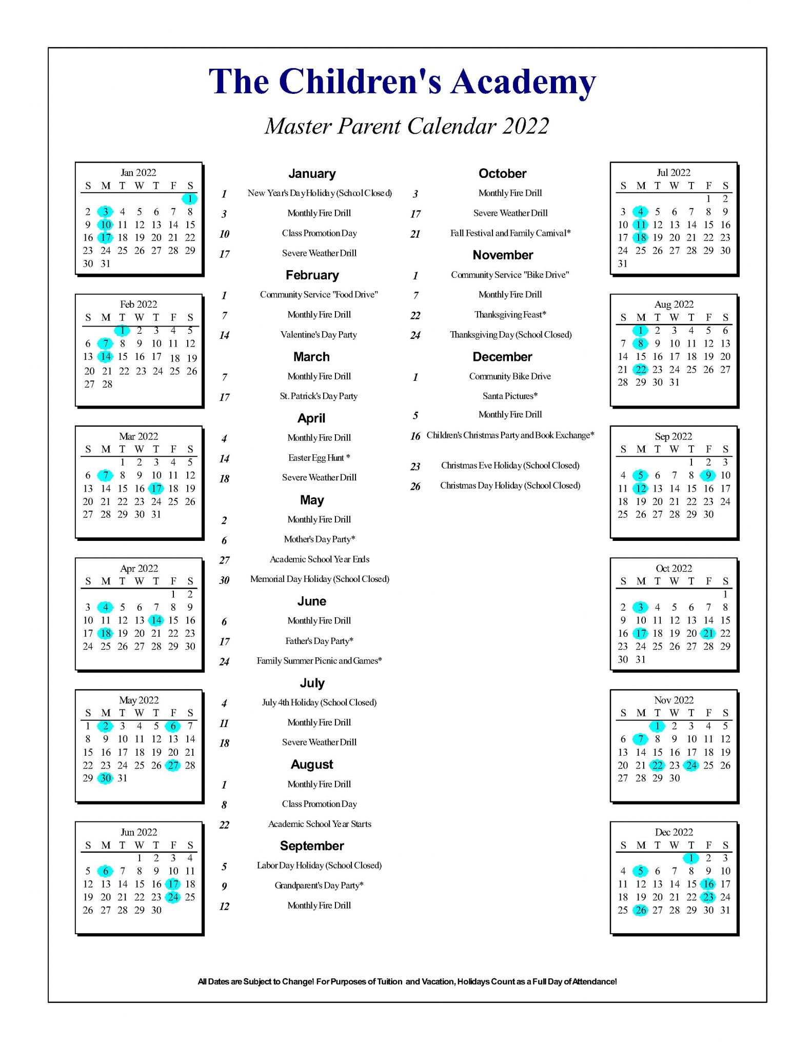 Master School Calendar for 2022 The Children's Academy